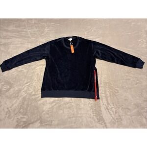 Anthropologie Sundry Navy Blue Velour Sweatshirt Womens Size Small Red SideZip